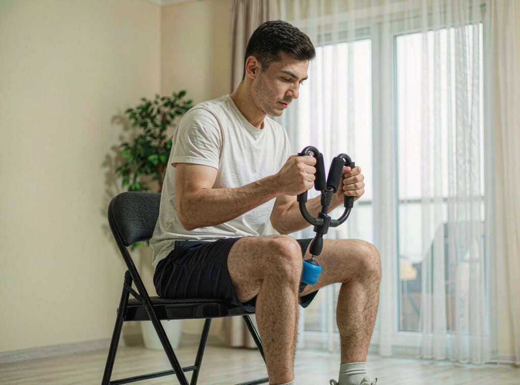 Man doing kegel exercises at home with a thigh trainer