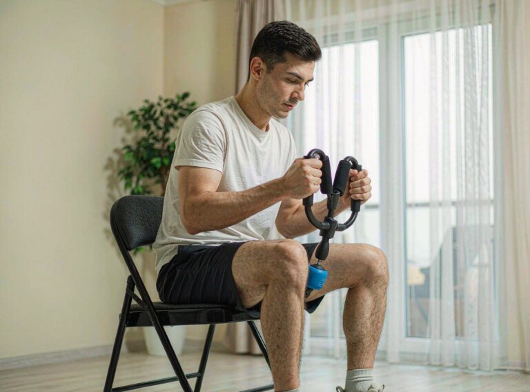 Man doing kegel exercises at home with a thigh trainer